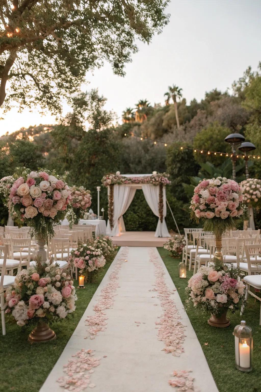 Garden wedding venue with dusty rose decor.