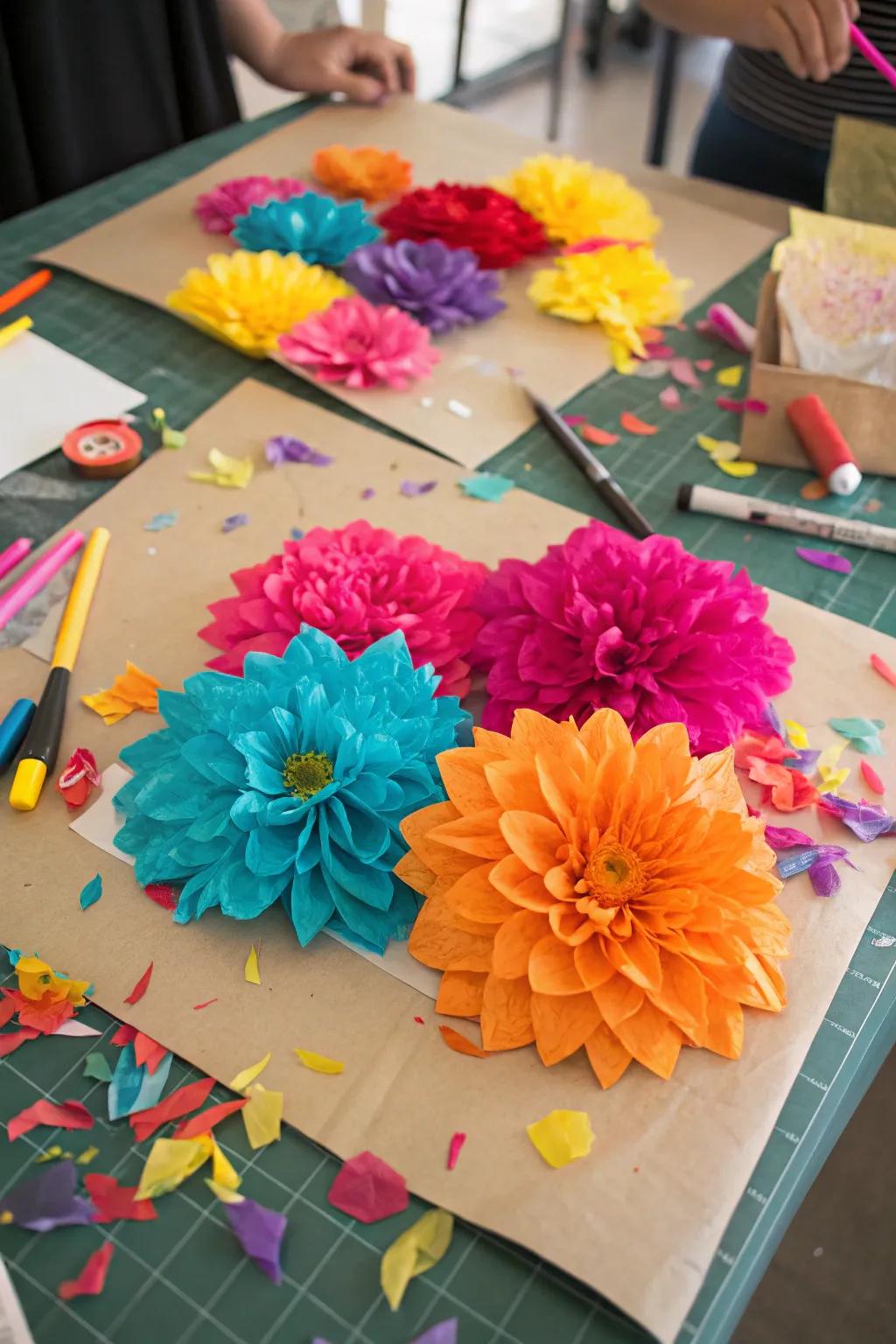 Tissue paper collage bringing vibrant blooms indoors.