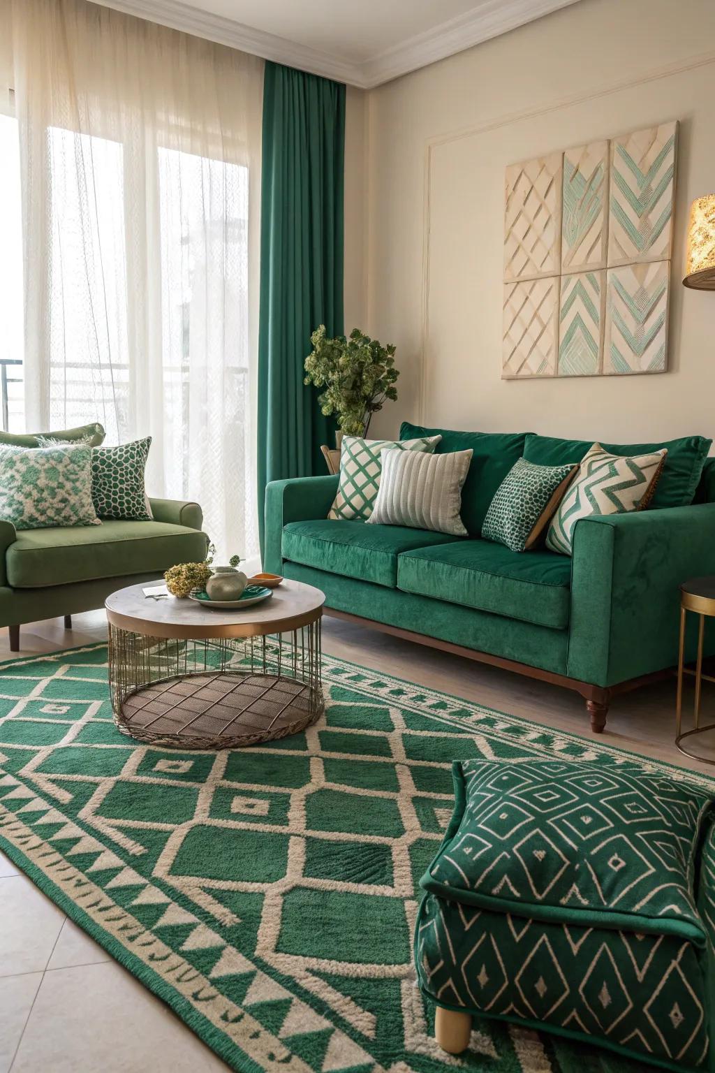 Geometric patterns add a modern flair to emerald green decor.