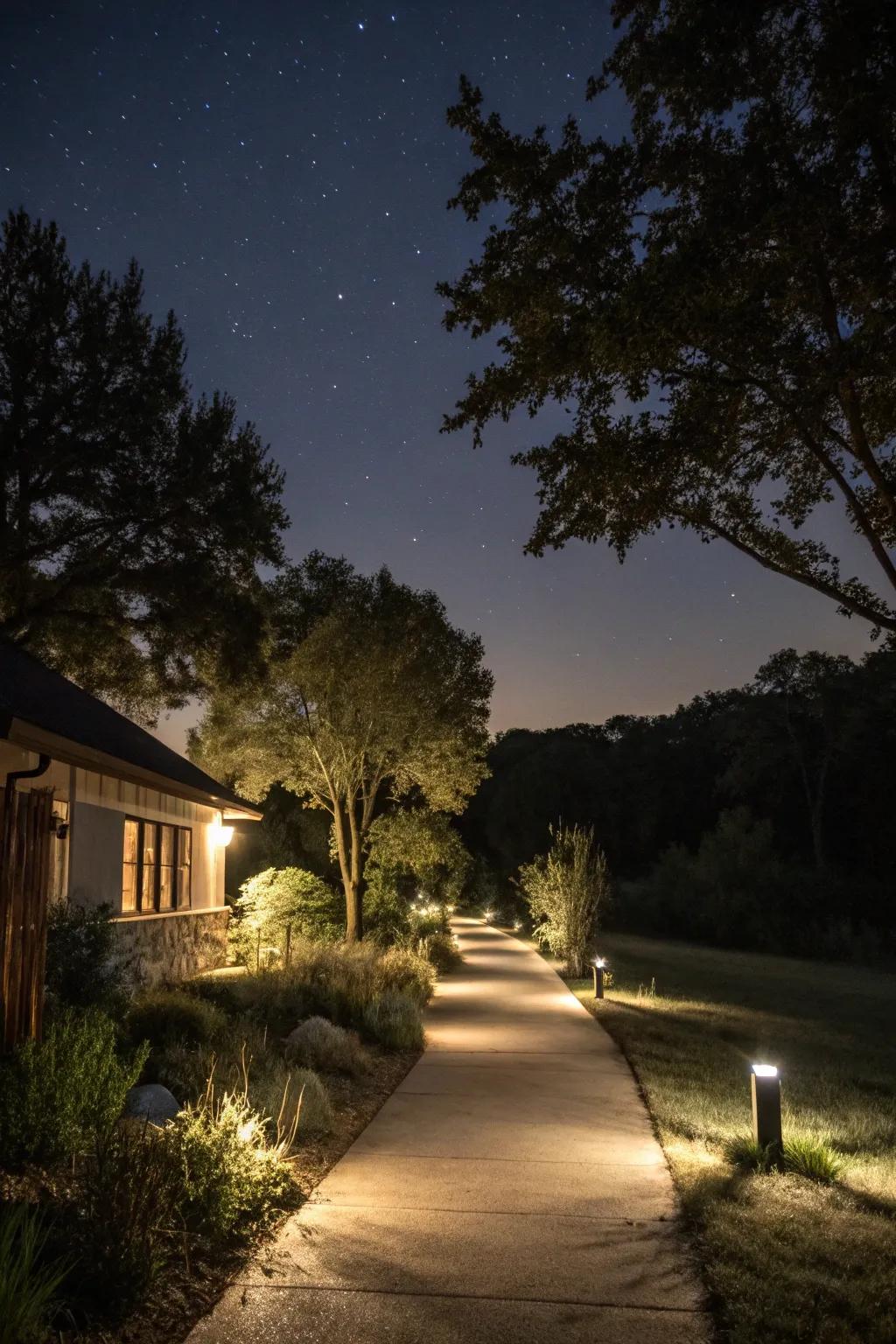 Outdoor lighting creates a warm and welcoming atmosphere.