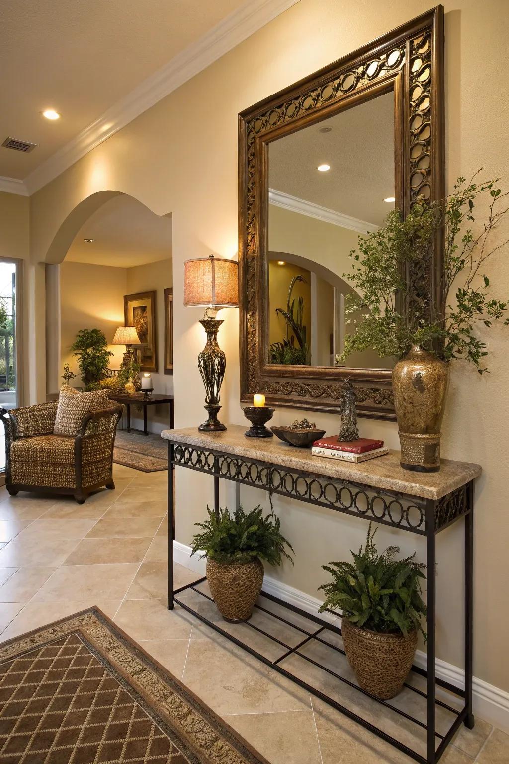 A mirror adds both style and function to the entryway.