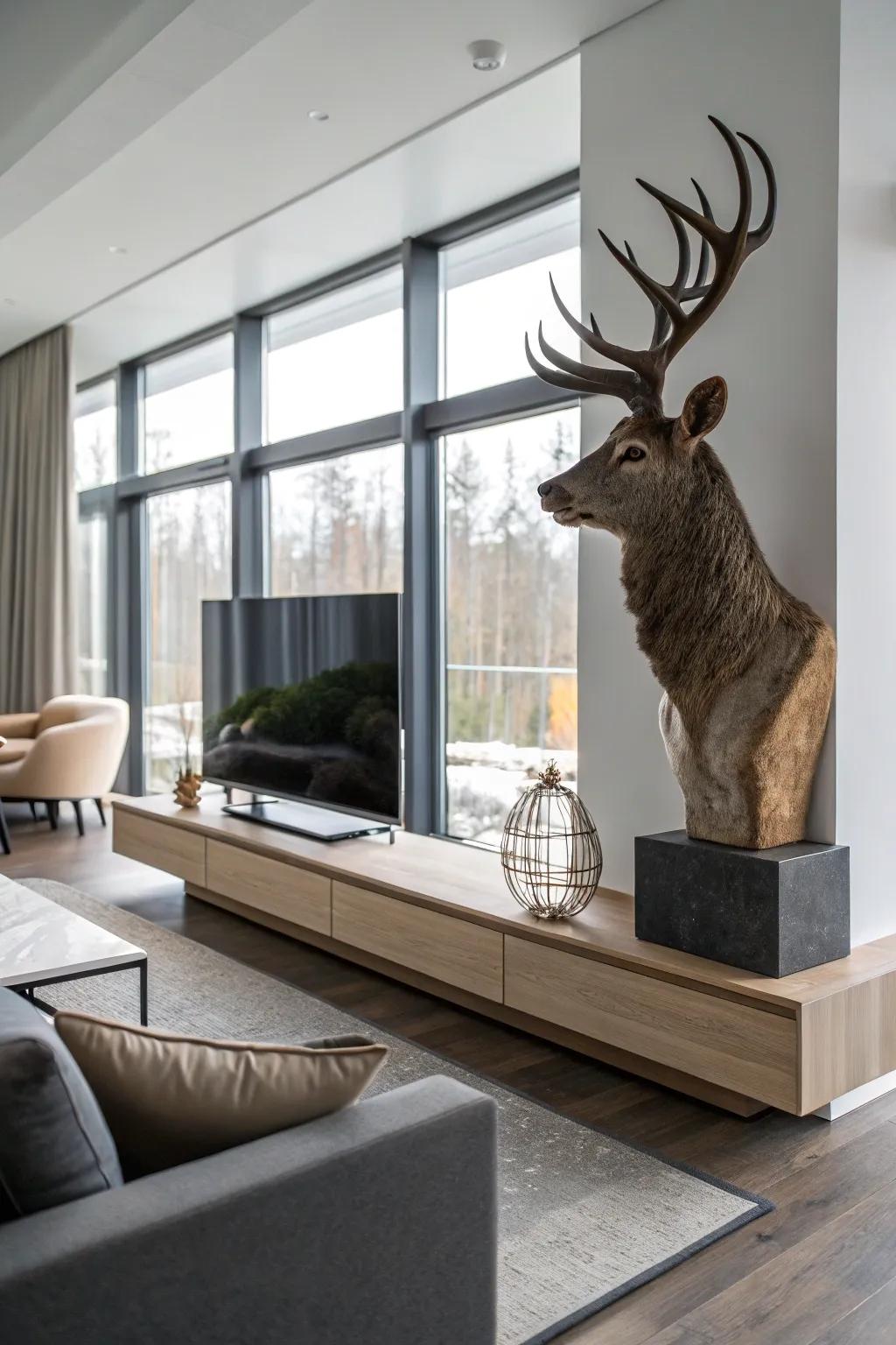 A European mount on a floating shelf for a clean display.