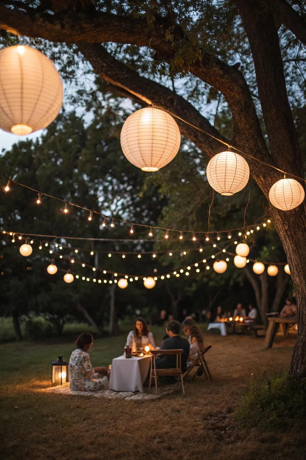 Whimsical lighting brings a magical glow to the party.