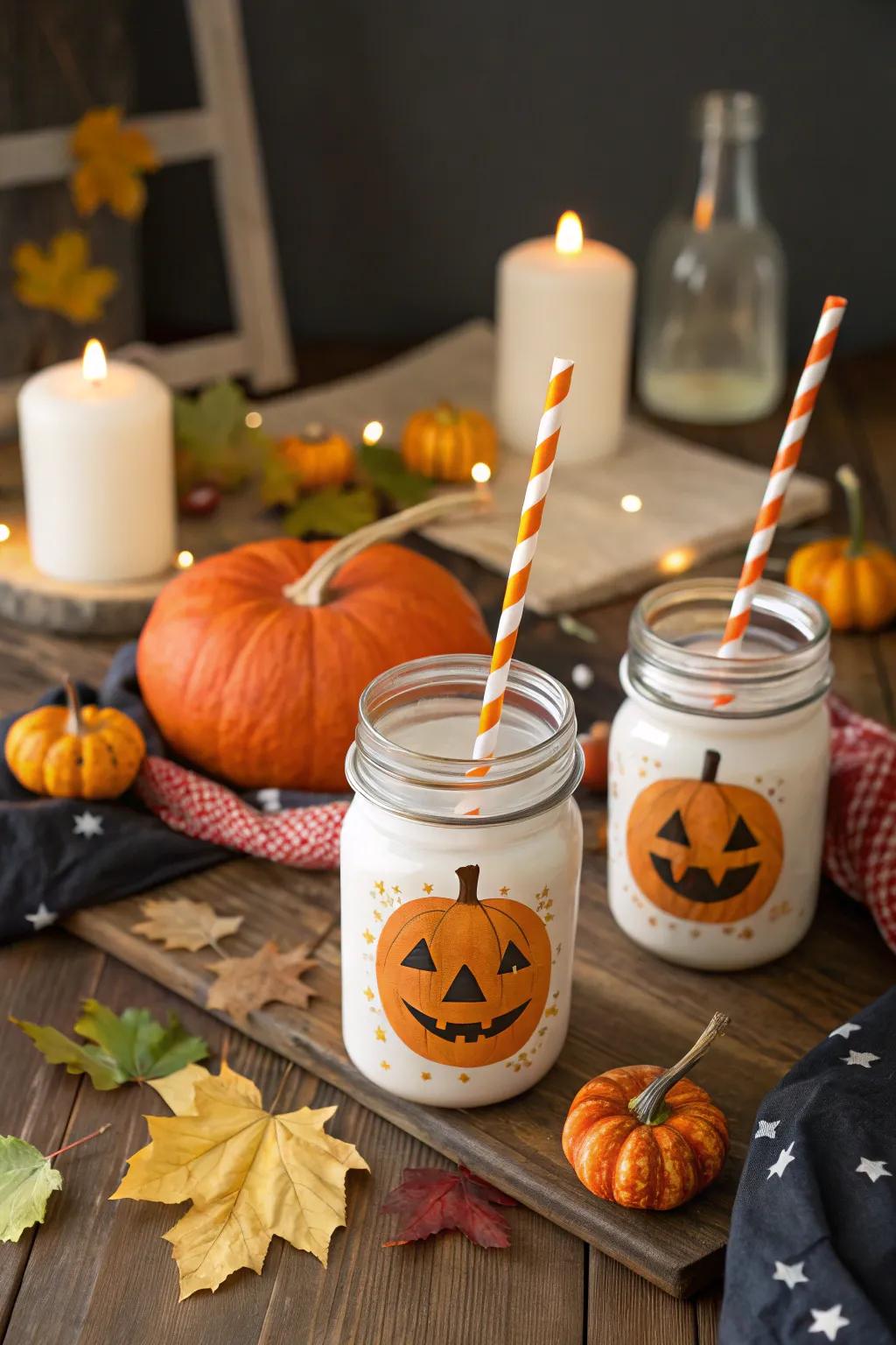 Rustic mason jars with pumpkin designs.