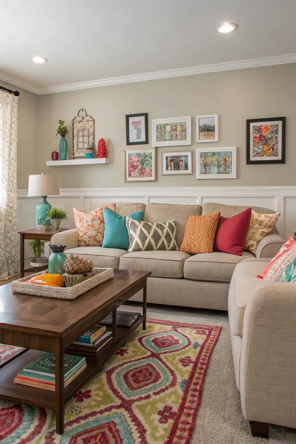 A family room brightened up with colorful accents.