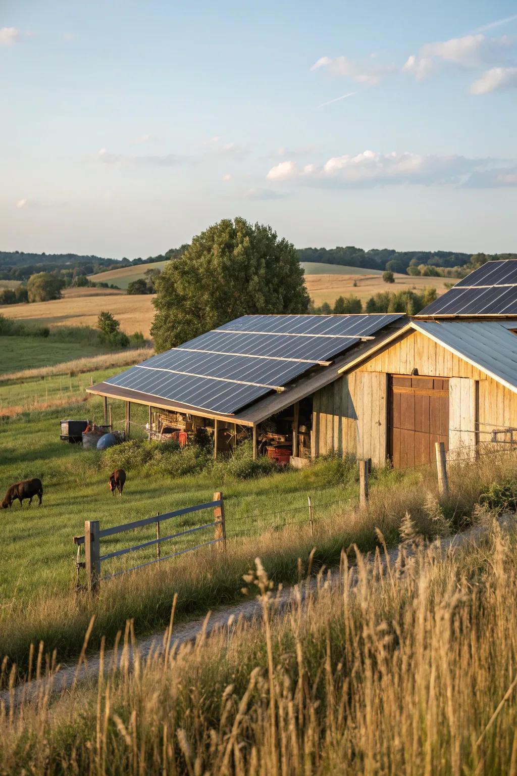 Efficient solar panels atop a barn, powering the farm sustainably.