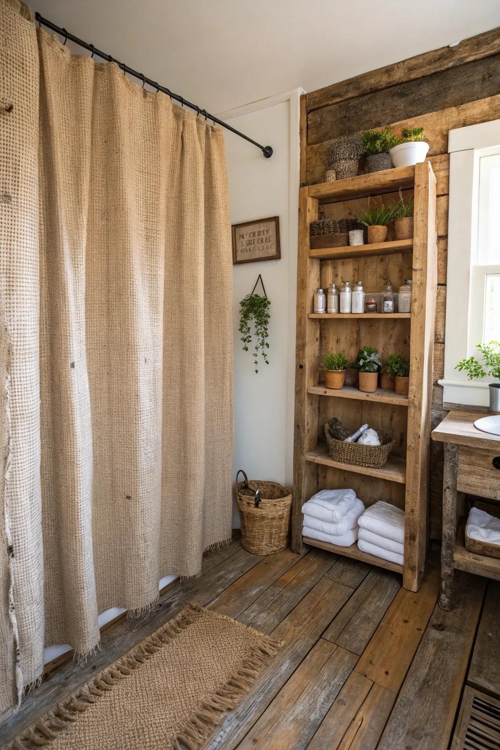 A rustic bathroom featuring a textured burlap shower curtain and wooden shelves.