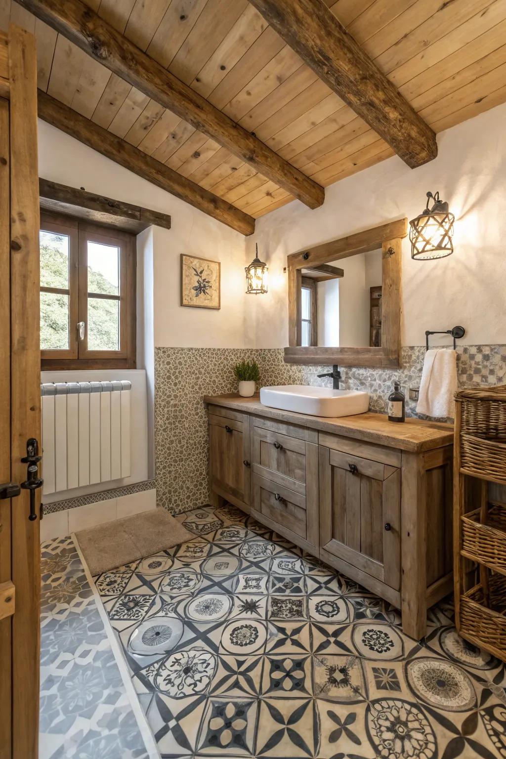 Decorative tiles add visual interest and charm to this small bathroom.