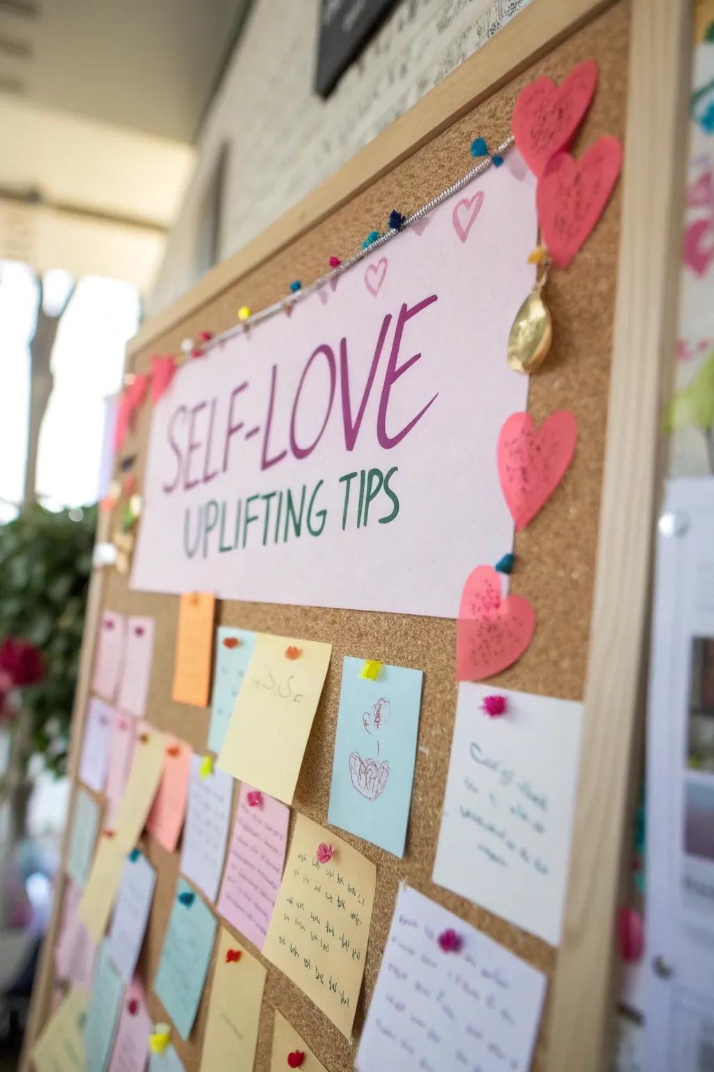 A self-love-themed bulletin board with affirmations.