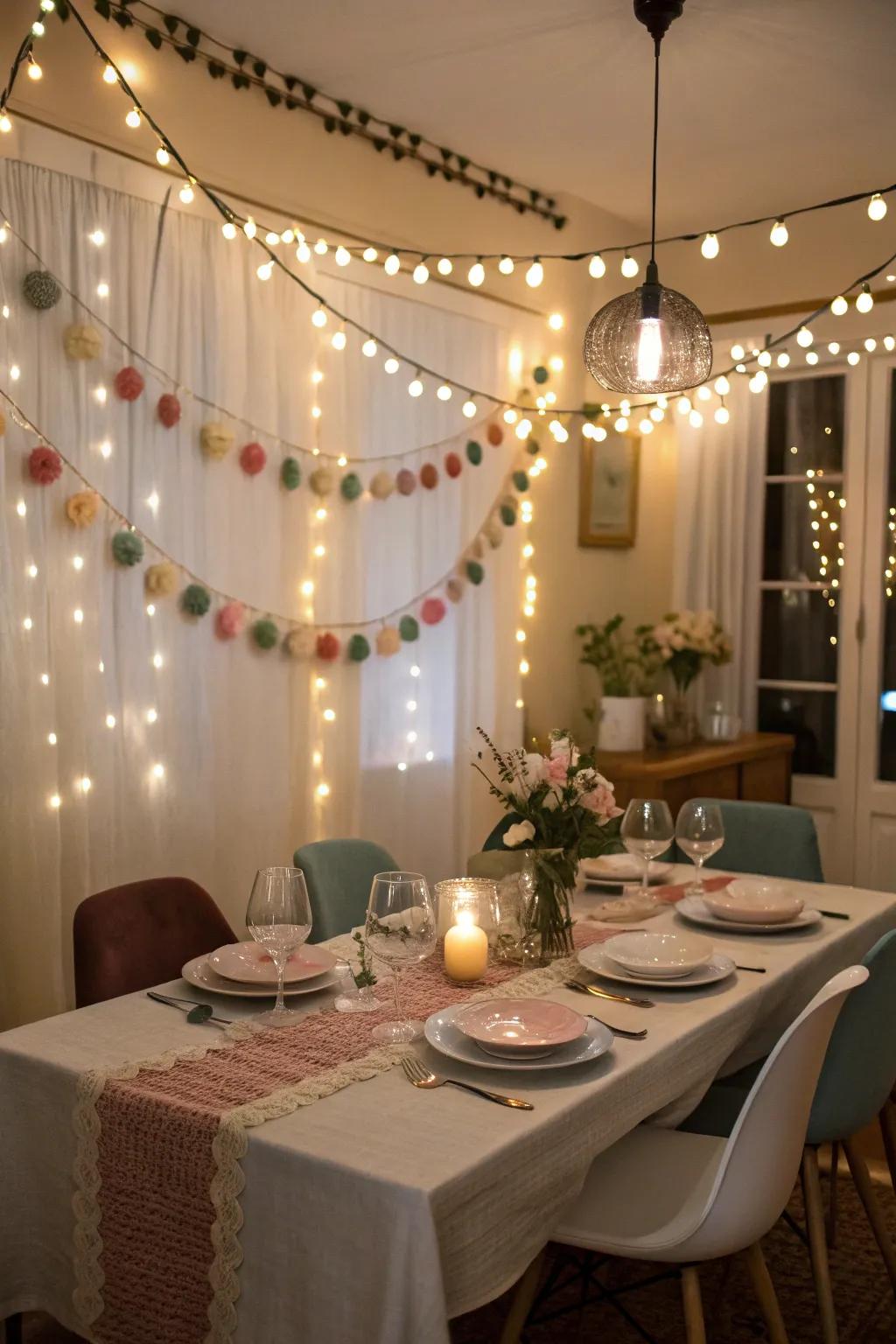 Felt garlands paired with lights add elegance and warmth to dining spaces.