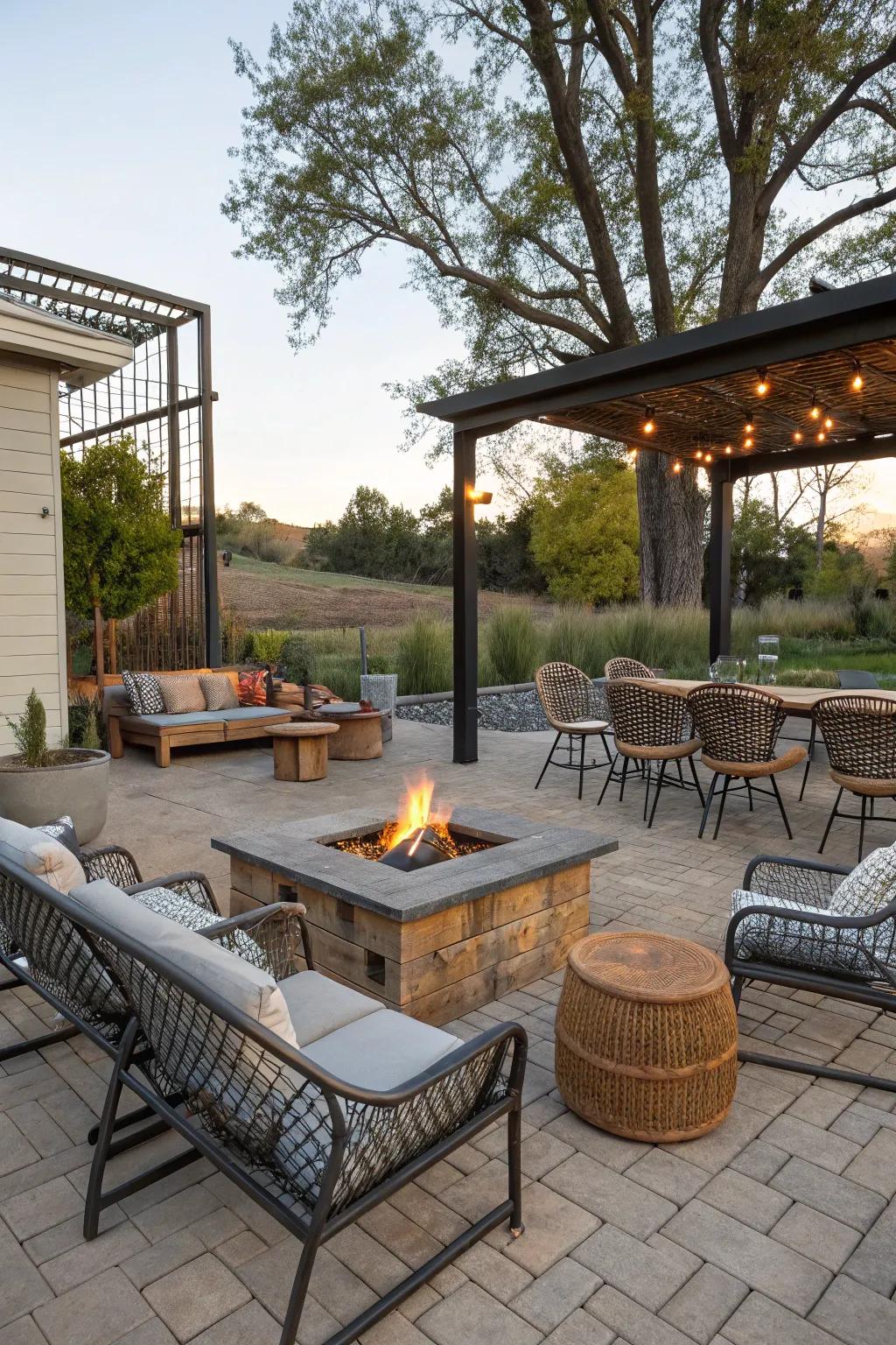 A mix of materials adds depth and texture to the fire pit space.