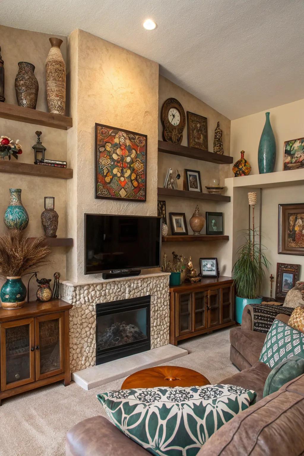 Living room with artistic elements framing a fireplace wall and TV.