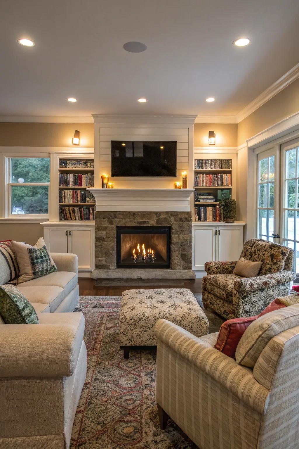 A cozy seating arrangement facing a fireplace with a TV above.