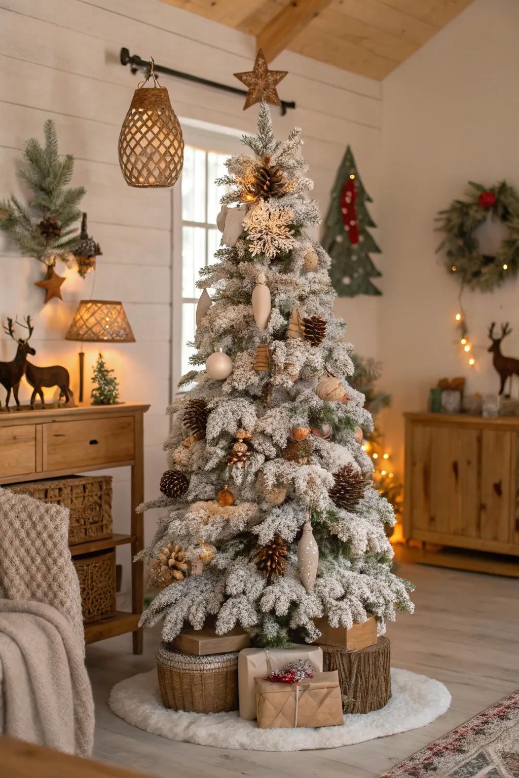 A whimsical woodland-themed flocked Christmas tree.