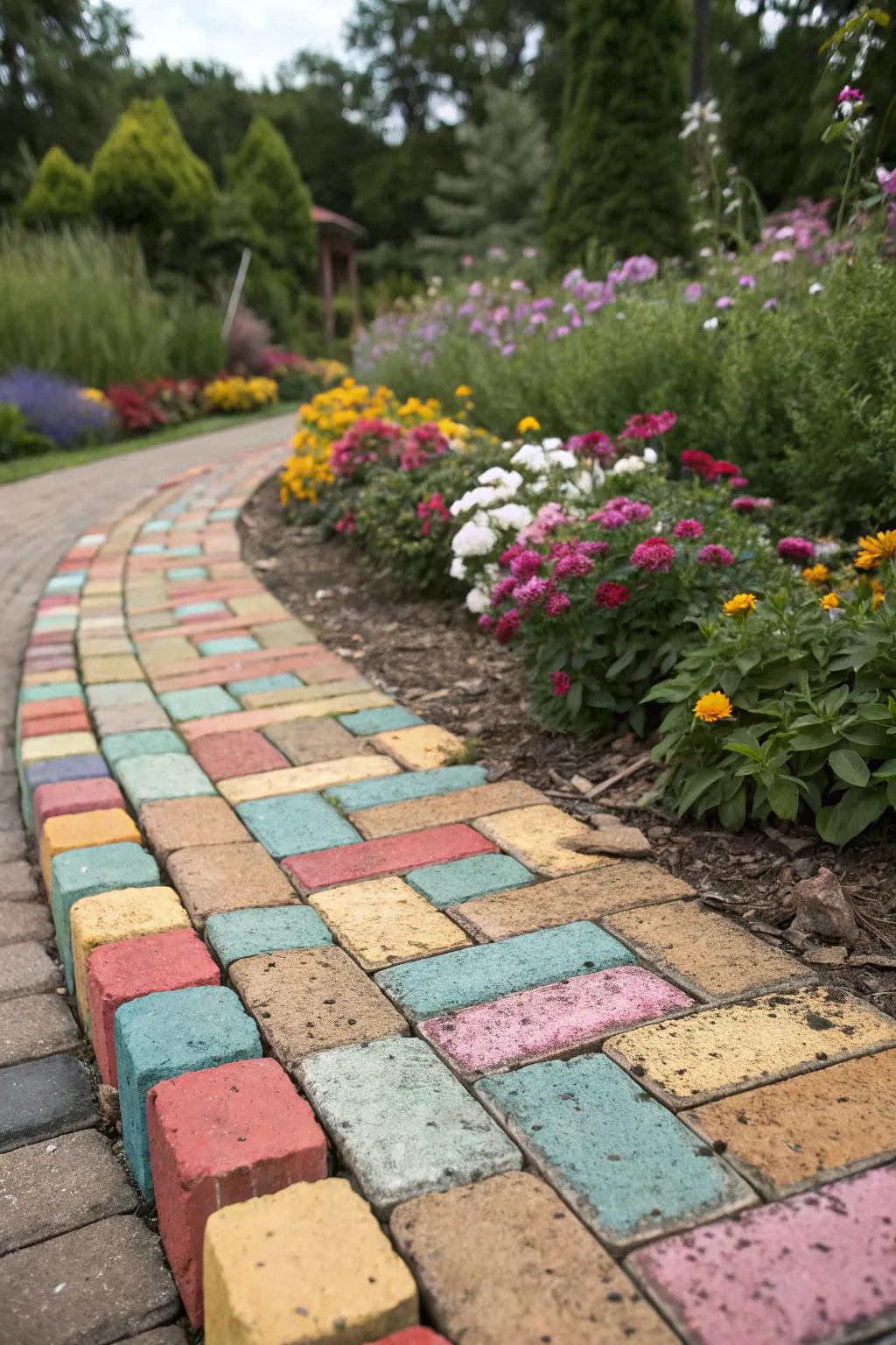 Creative brick patterns add color and texture to flower bed borders.