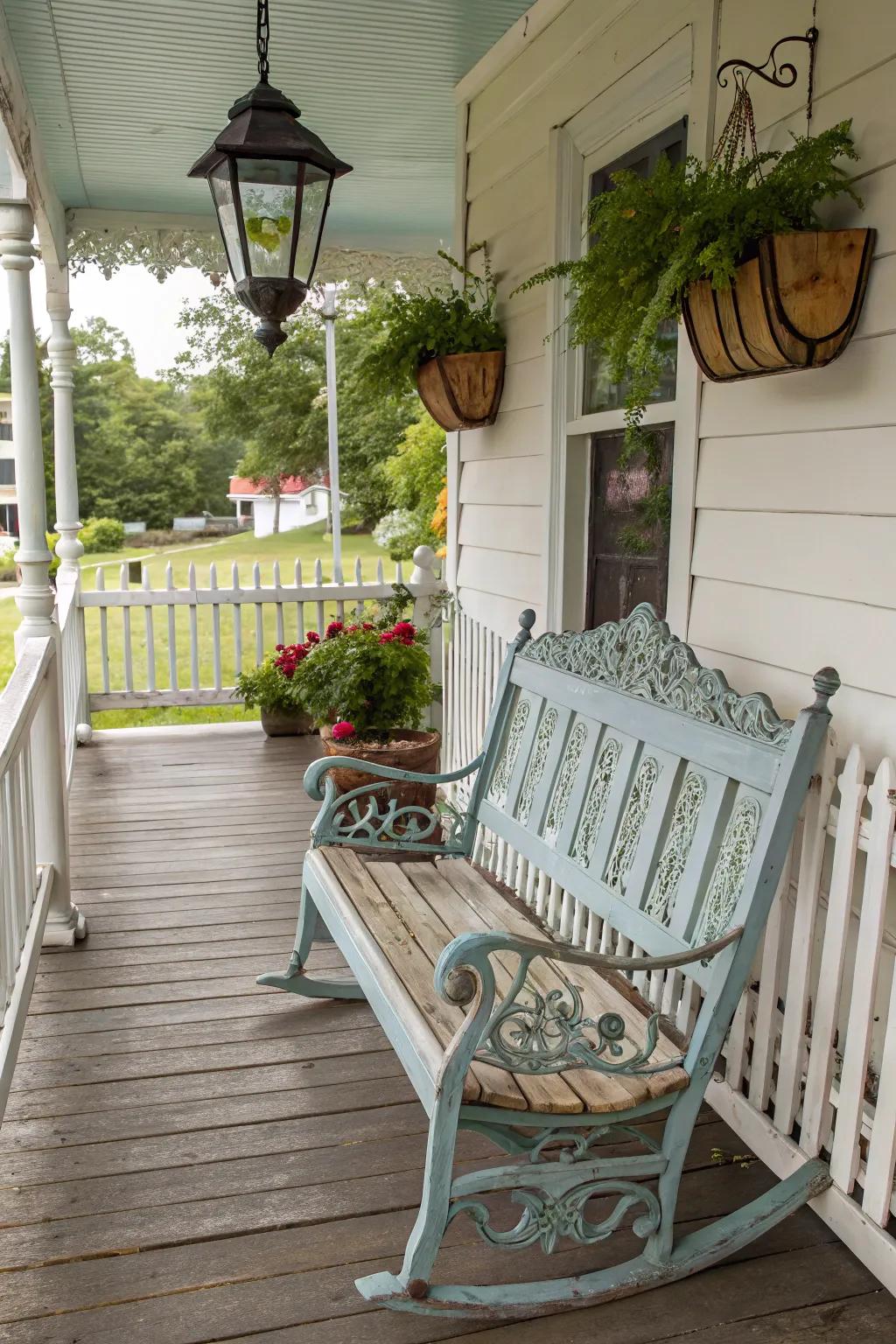 A rocking bench offers both comfort and a touch of nostalgia.