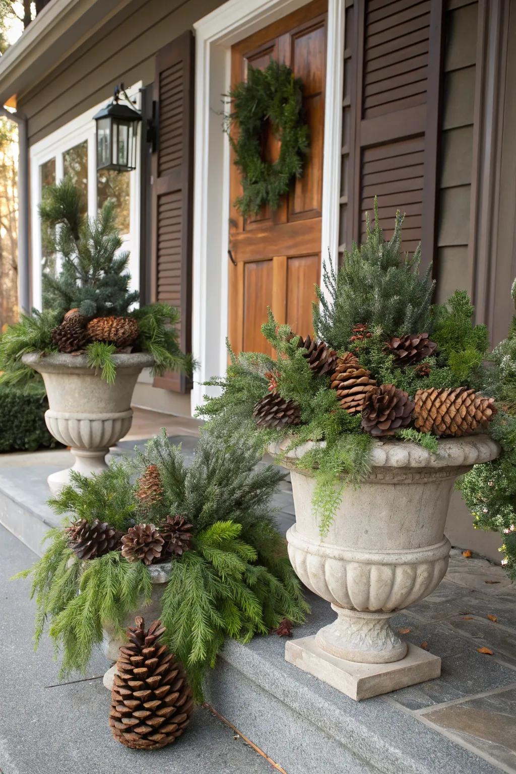 Pinecones and greenery bring rustic charm to your porch.