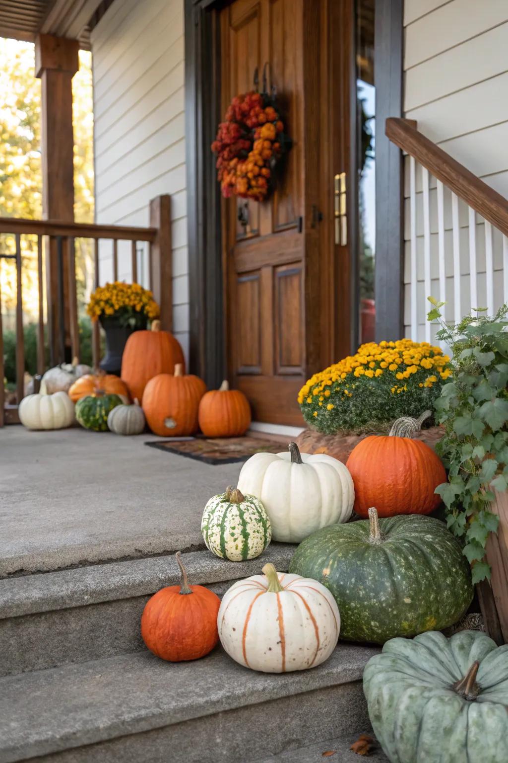 Real and faux pumpkins combine for a durable, lasting display.