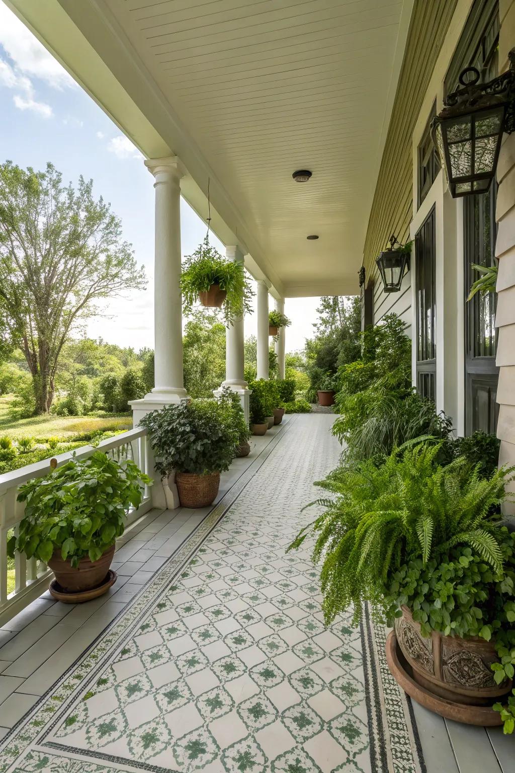 Greenery paired with tiles brings life and vibrancy to your porch.