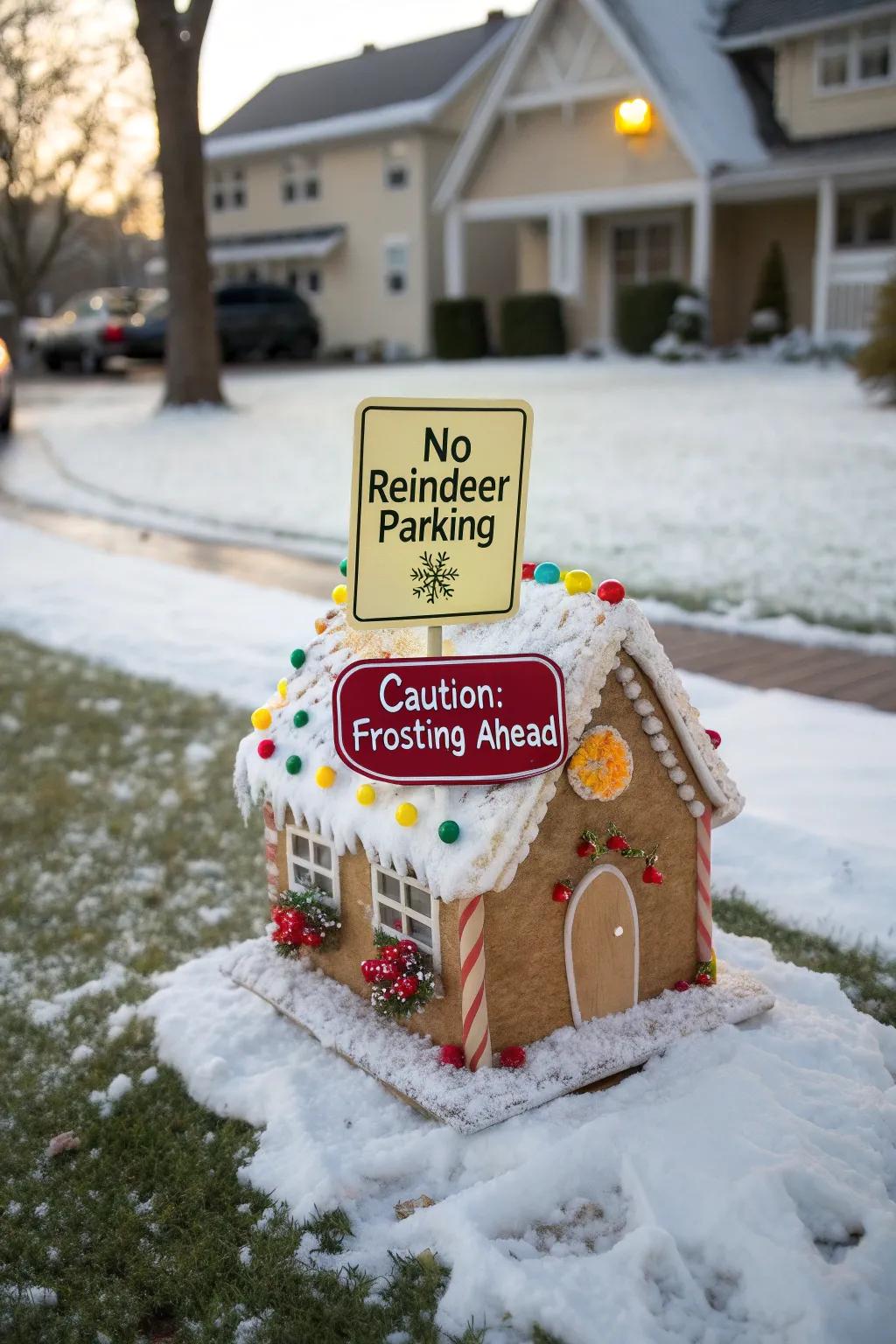 A gingerbread house with funny signs