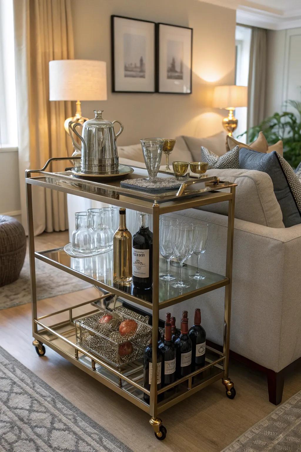 A bar cart behind the couch, ready for the next gathering with friends.