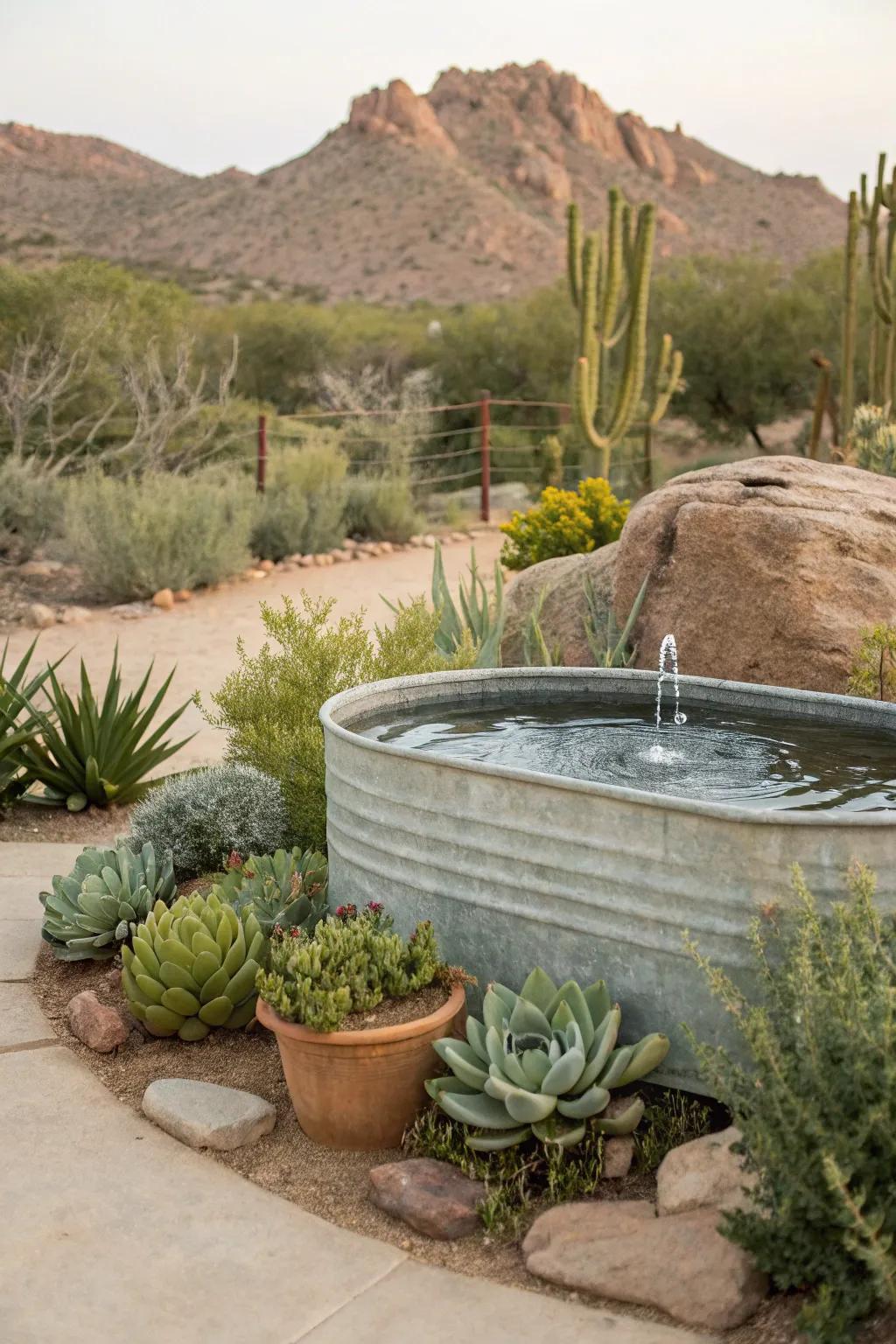 A galvanized trough fountain harmoniously integrated with nature.