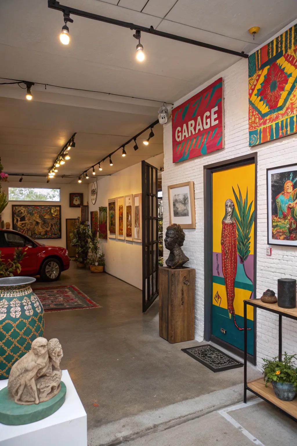 Artistic décor including paintings and sculptures in a garage boutique.