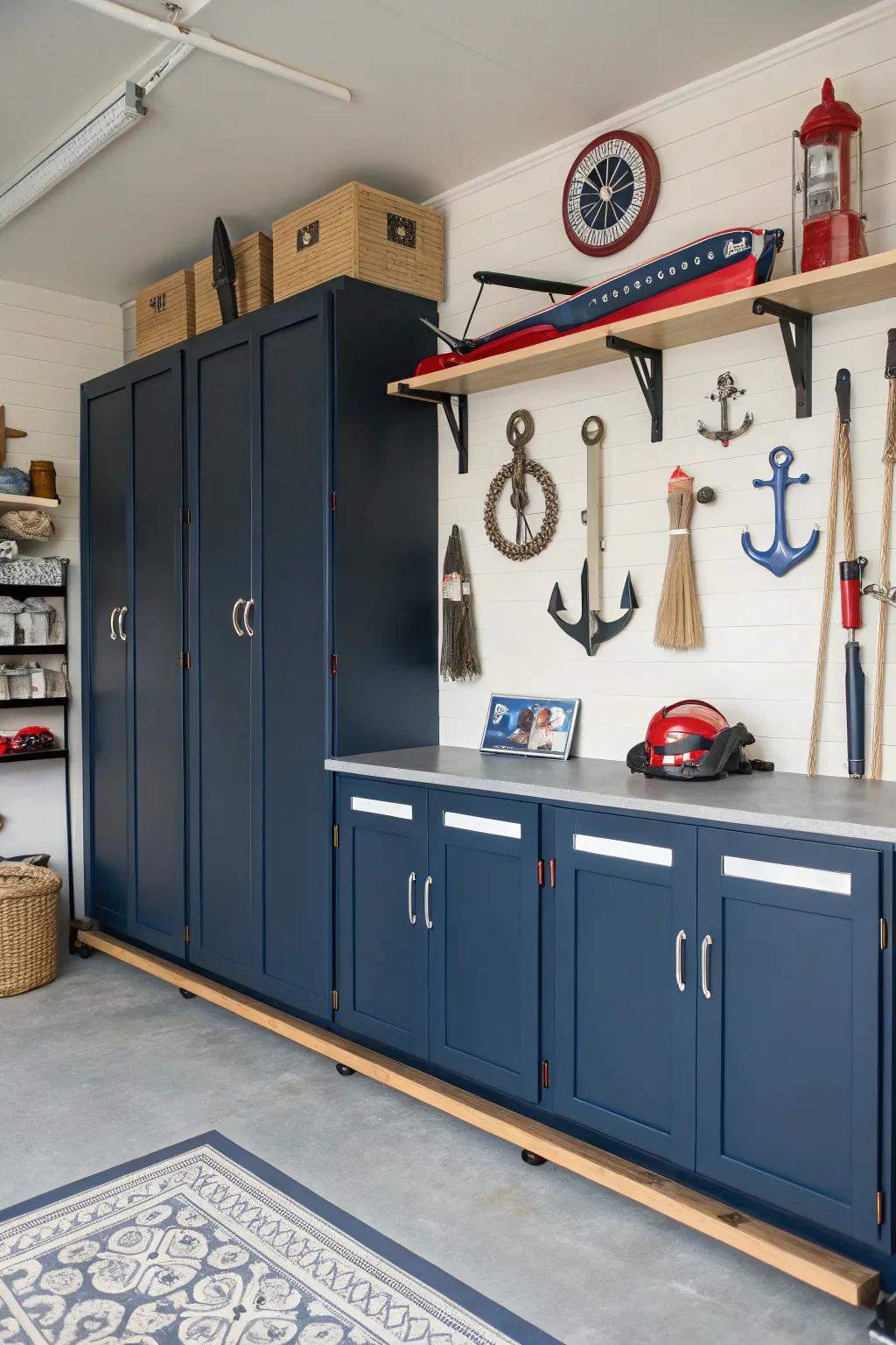 Navy blue cabinets evoke a nautical charm in this garage.