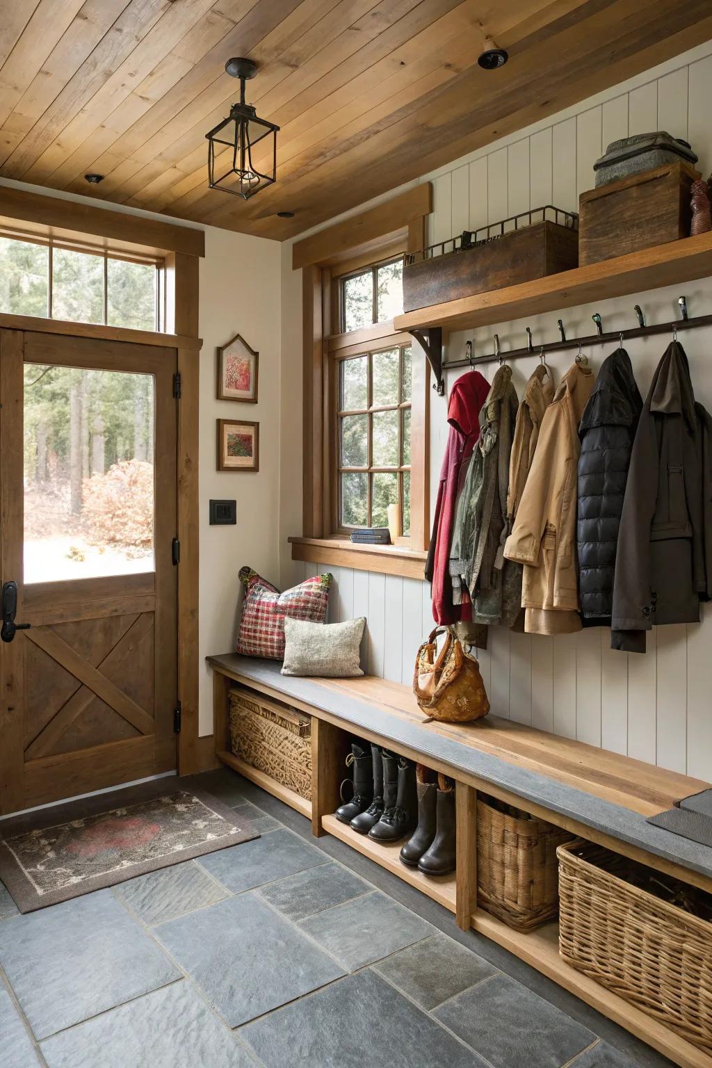 A practical mudroom setup within a garage space.