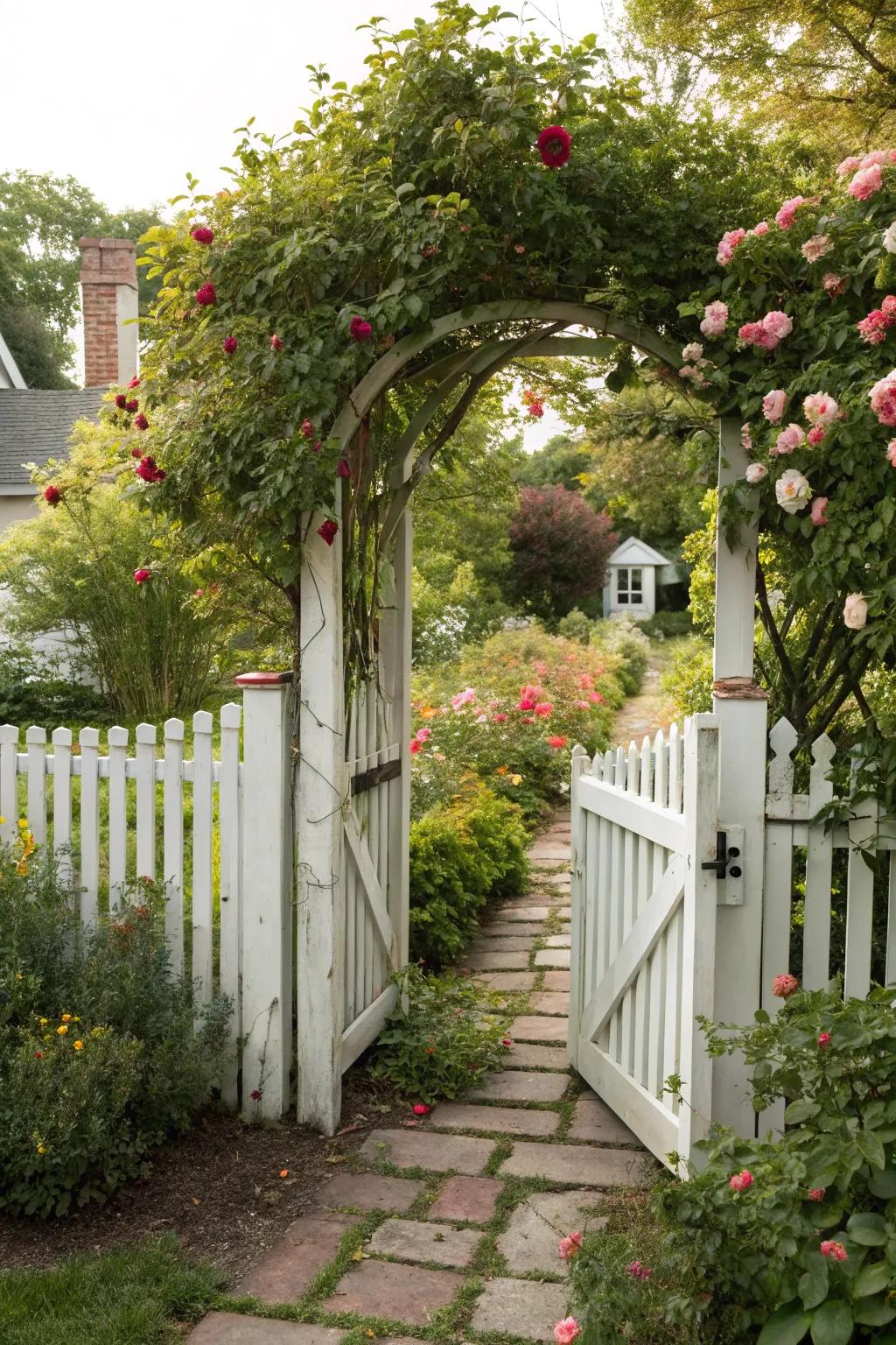 Classic white picket fence gate for a nostalgic garden feel.