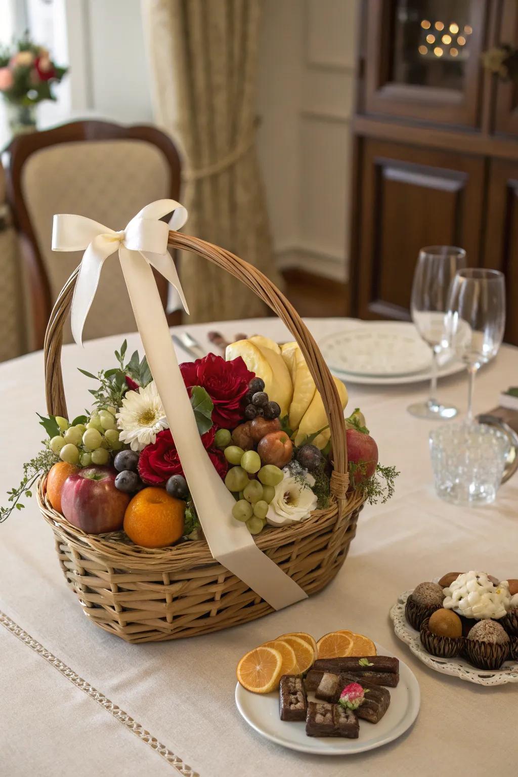 A gift basket finished with elegant ribbons and bows.