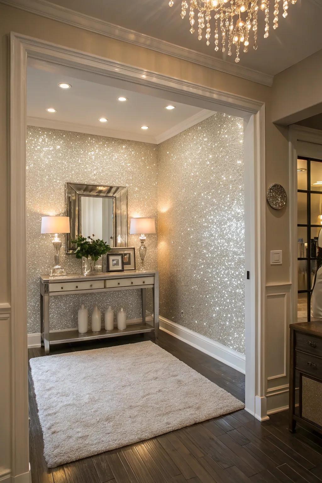 A glitter accent wall creates a welcoming entryway.