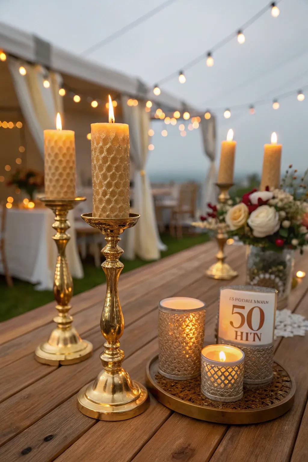 Gold candle holders create a warm, inviting atmosphere.