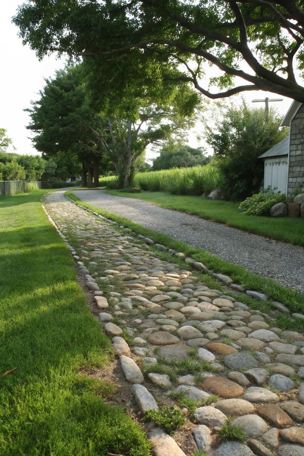 A rustic driveway combining natural stone with lush grass.