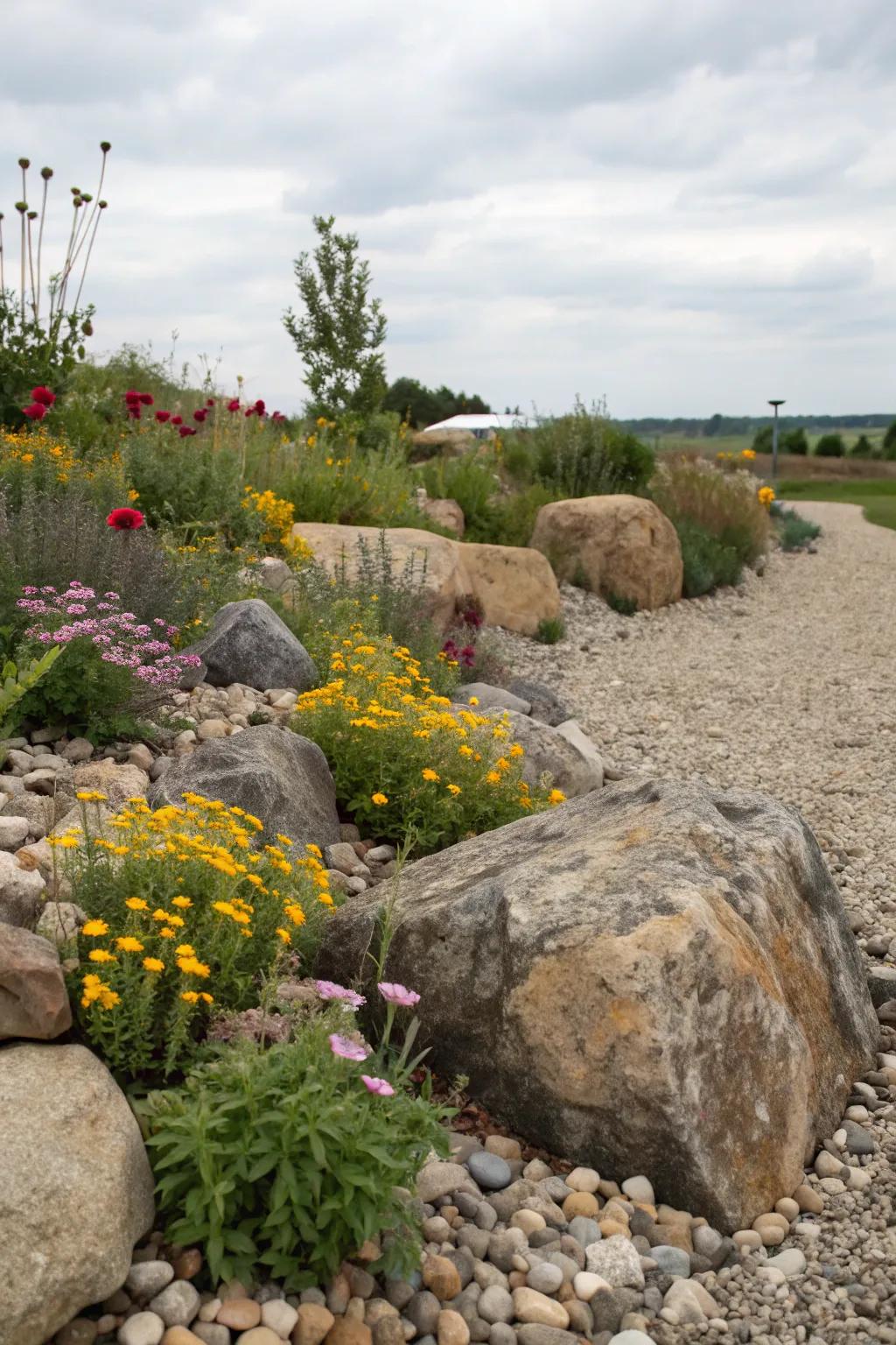 A rustic gravel flower bed featuring large rocks