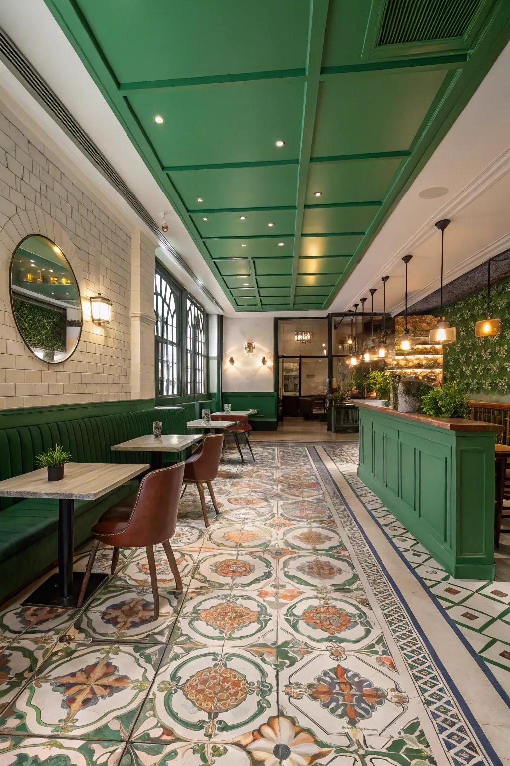 Unexpected green elements like ceilings or tiles can elevate any space.