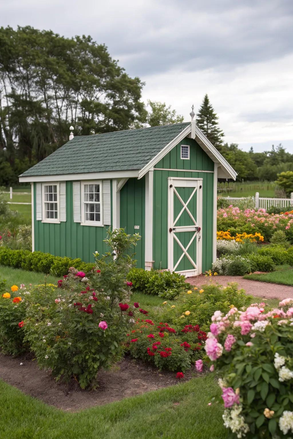 Contrasting trim enhances the architectural style of a green shed.