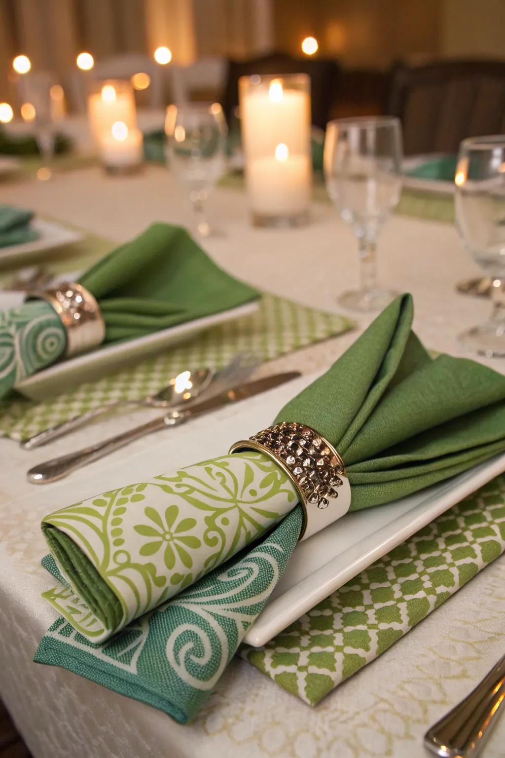 Solid and patterned green napkins for a refined touch.