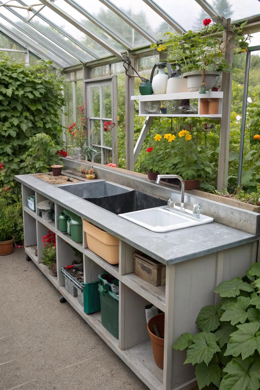 A multifunctional sink station that keeps gardening essentials organized.