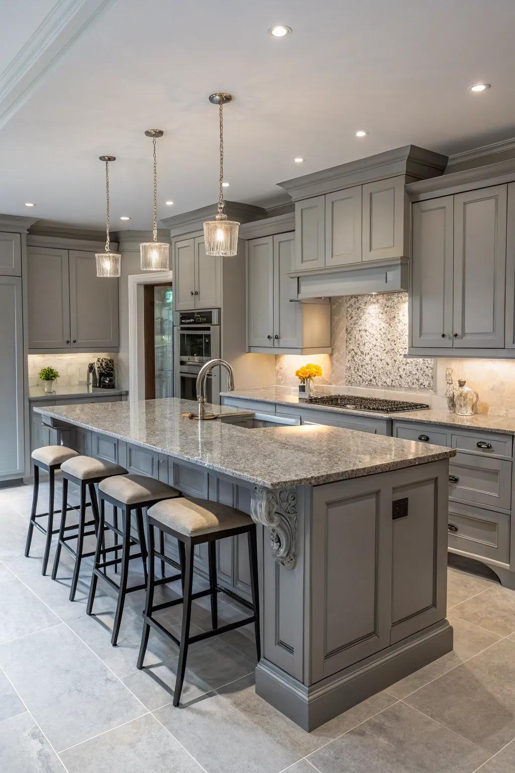 A kitchen island adds functionality and style to a grey kitchen.