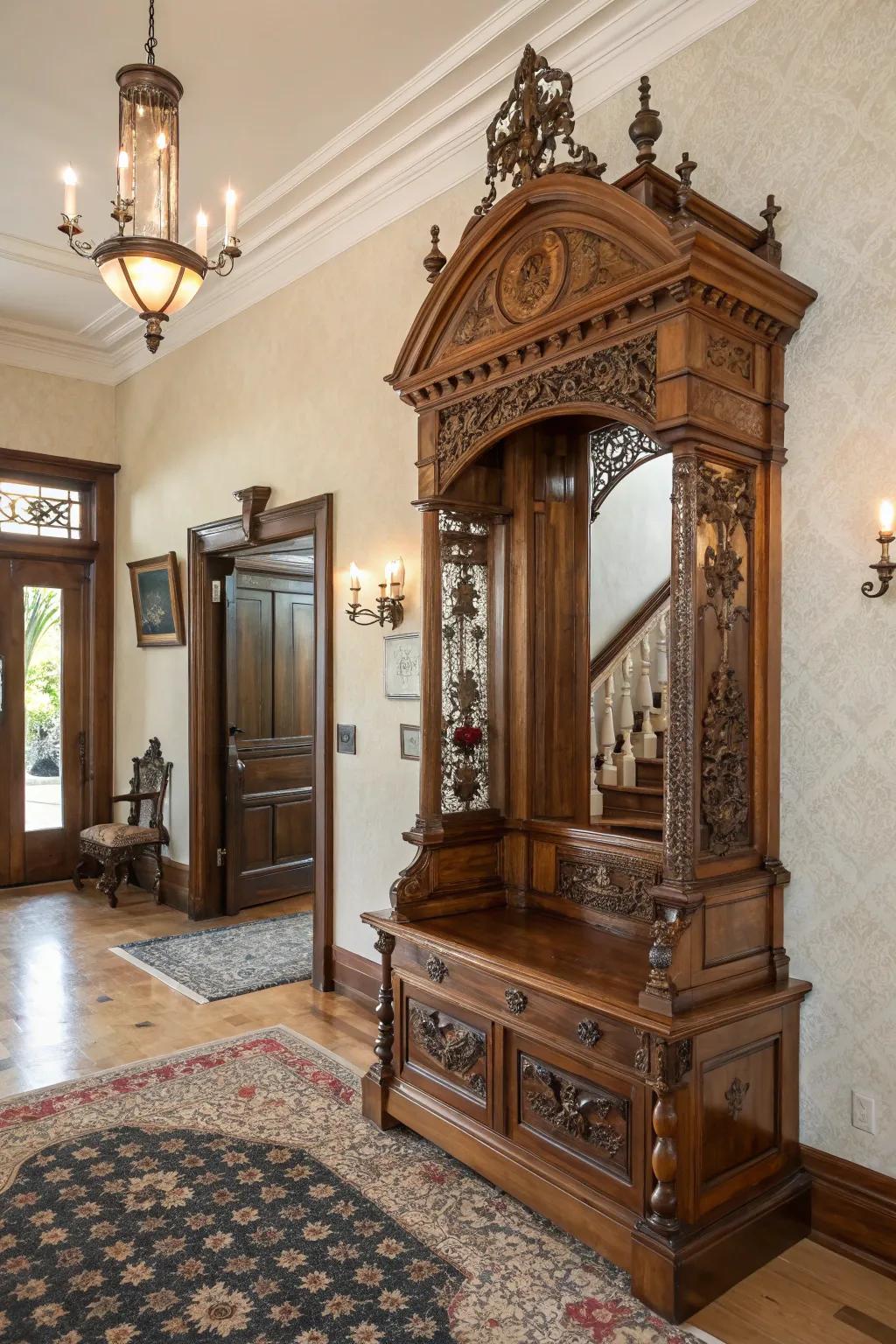 Create a captivating entryway with an antique hall tree.