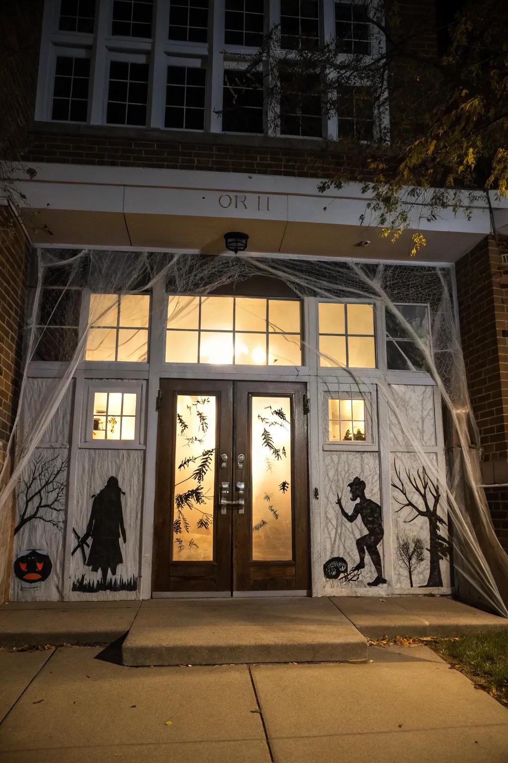 A door transformed into a haunted house, complete with glowing windows.