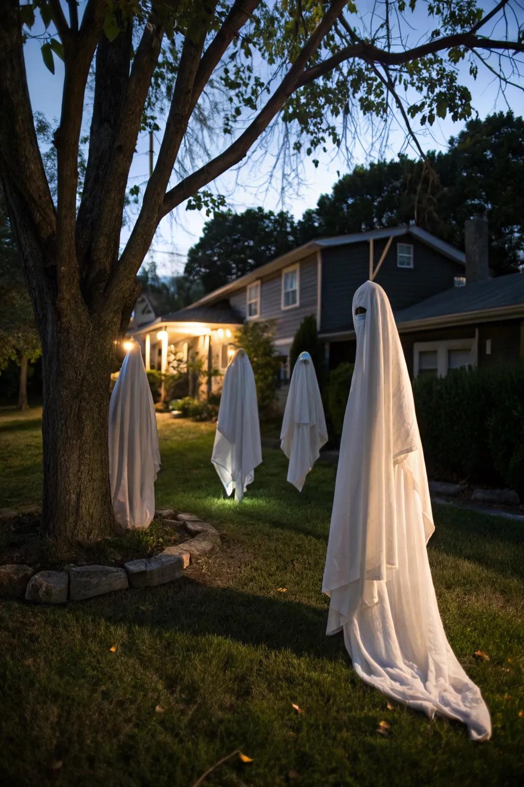 Floating ghostly figures creating a haunting atmosphere.