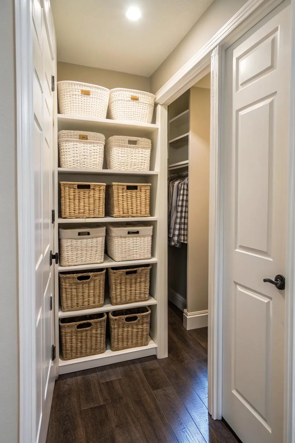 Matching baskets in a hallway closet for a unified and stylish look.