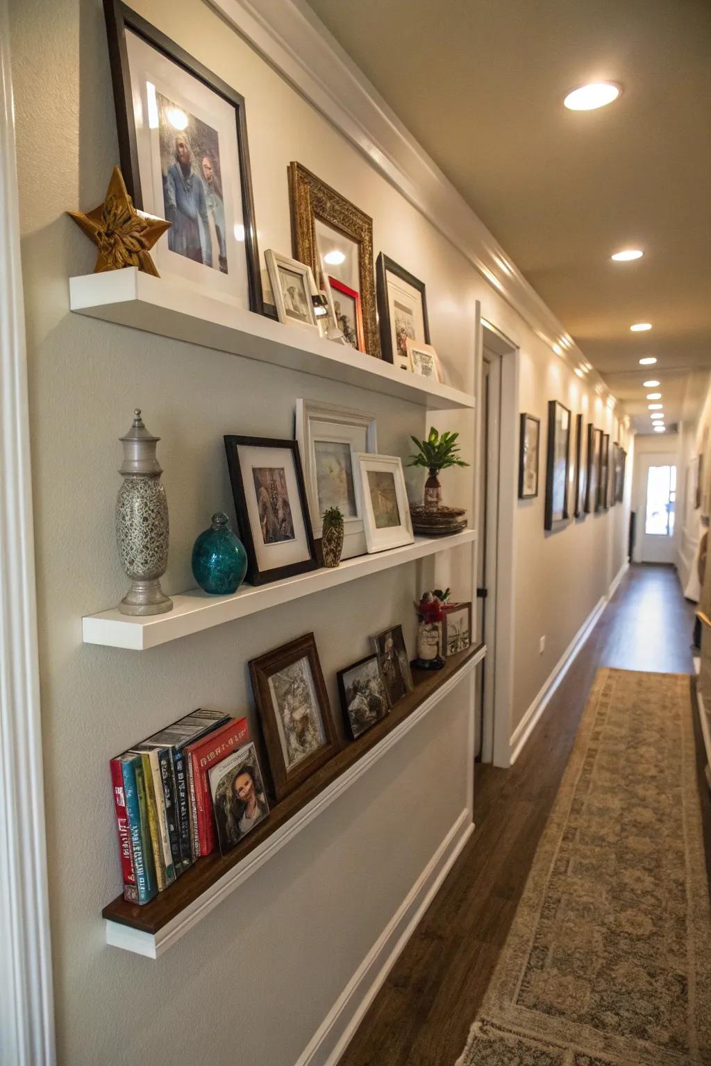 Floating shelves add dimension to your photo display.
