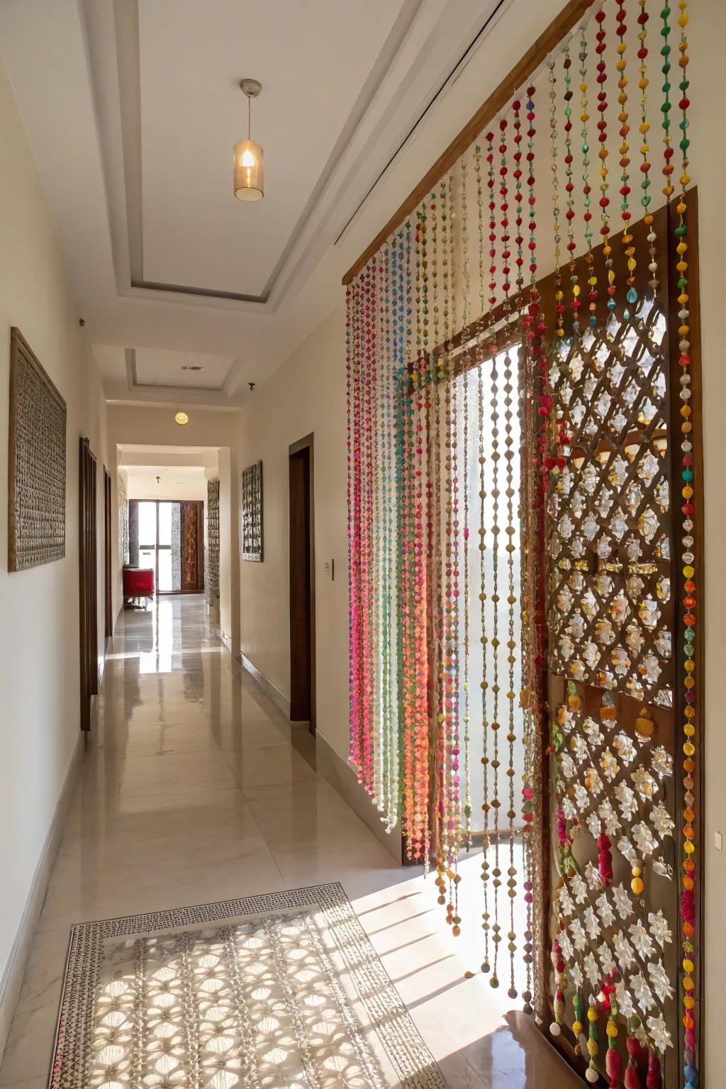 Beaded curtains bring a playful, nostalgic element.