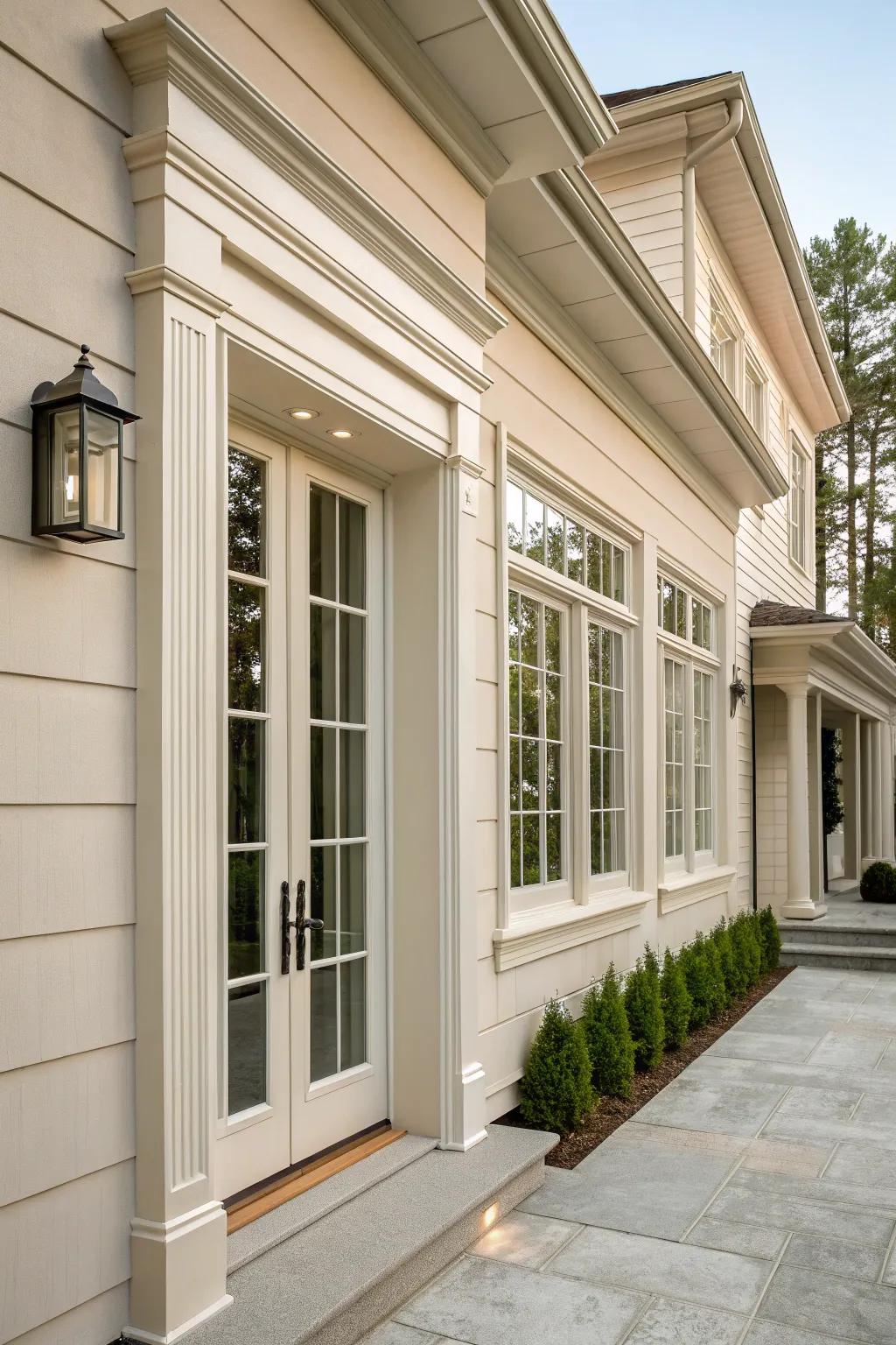 Trims that match doors and windows create architectural continuity.