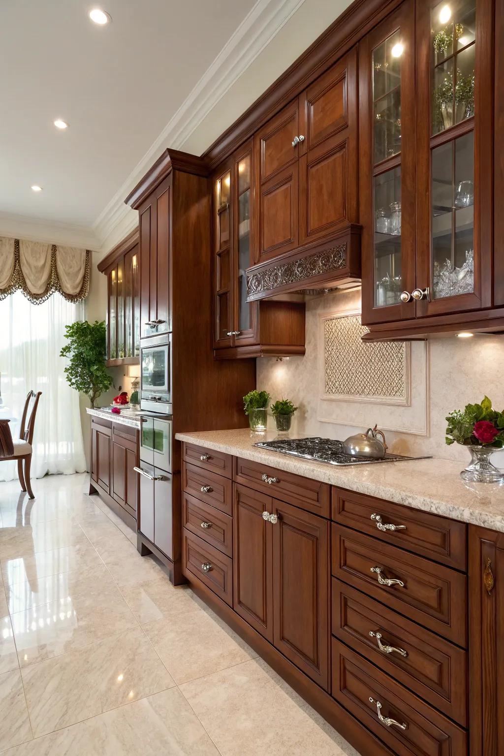 Crystal knobs add a touch of glamour to cherry cabinets.