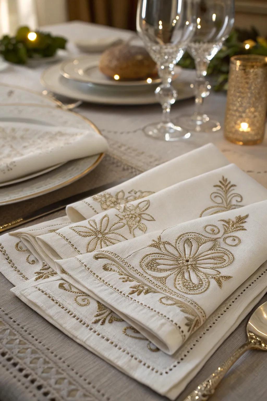 Embroidered linens bring elegance to everyday dining.