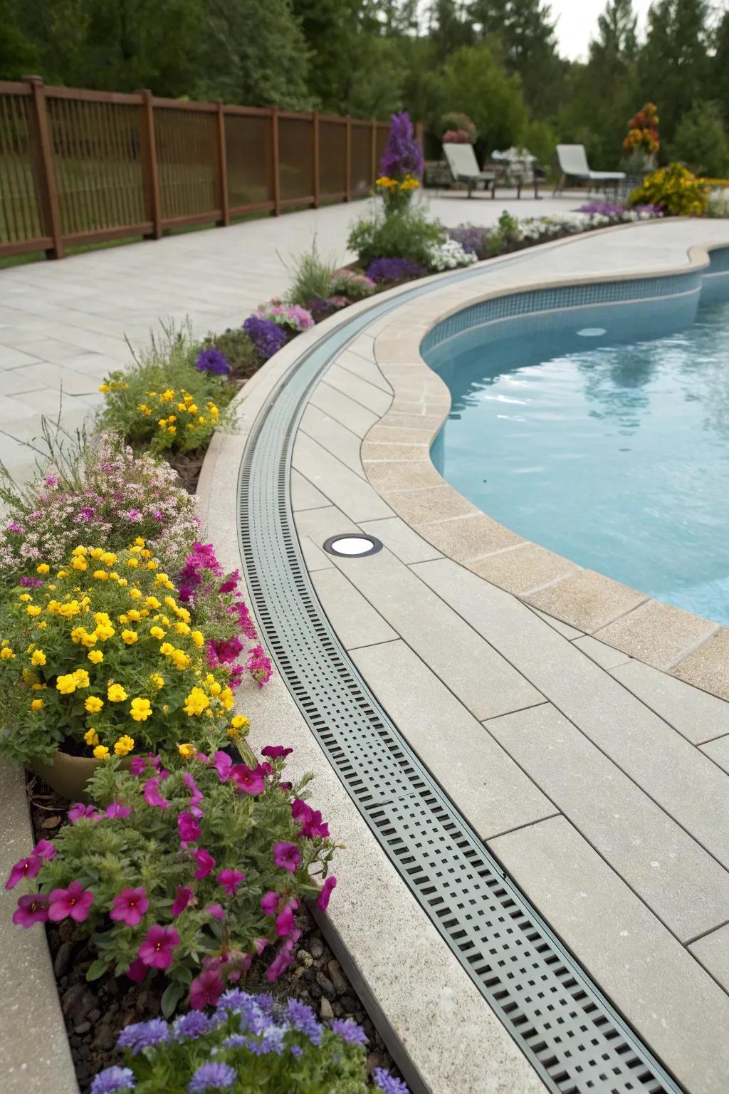 Curved drain designs create a playful pattern around the pool.